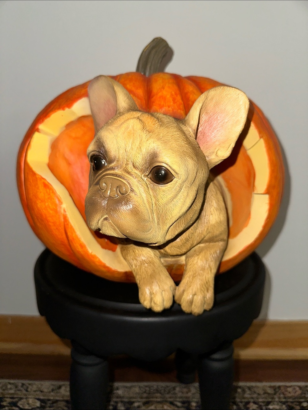 French Bulldog Dog Figurine in Orange Pumpkin - Decorative Pet Statue
